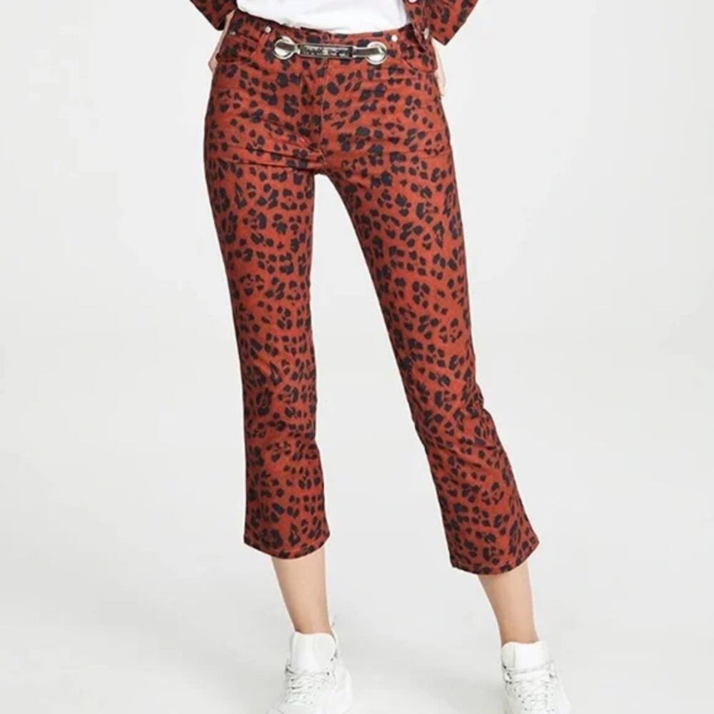 Miaou Pants Womens 27 NWT The Tommy Pants Red Leopard Cropped Belted Kick Flare